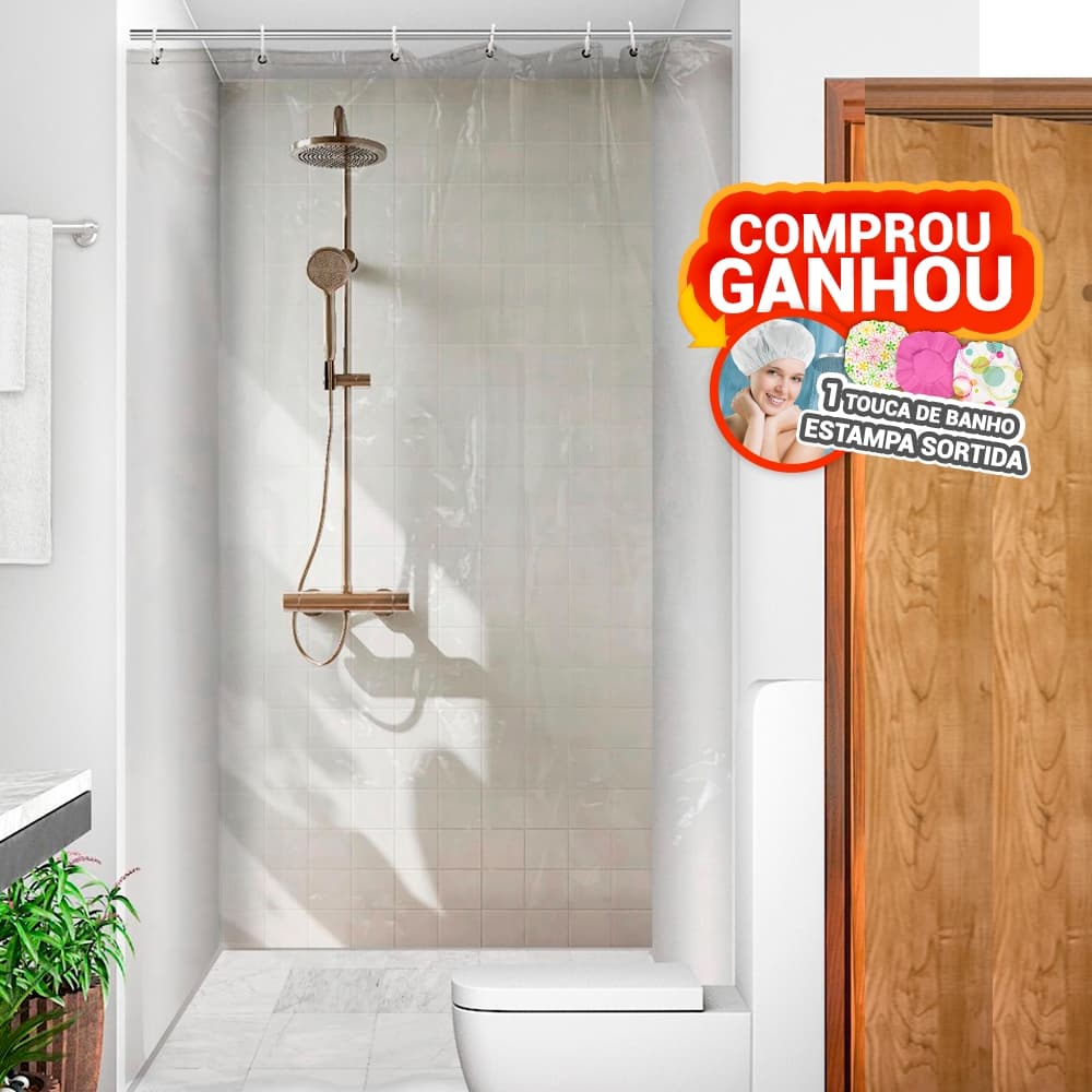 Cortina de Box Transparente Cristal Banheiro 100% PVC C/ Ganchos 1,38m x 1,98m Antimofo Resistente