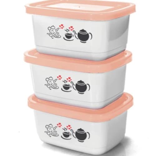 Kit 3 Pote Decorado Plástico Retangular Com Tampa 520ML Porta Mantimentos Utensílios De Cozinha