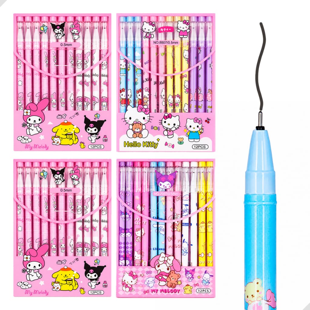Kit 12 Canetas Apagáveis Turma Da Hello Kitty Gel Infantil Ponta Fina Divertida Material Escolar