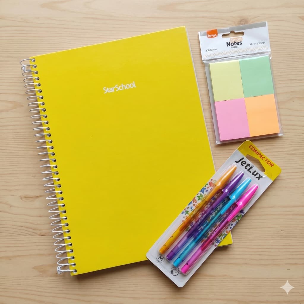 KIT Escolar Caderno 10 Matérias Pastéis + Post It e Canetas Coloridas Compactor