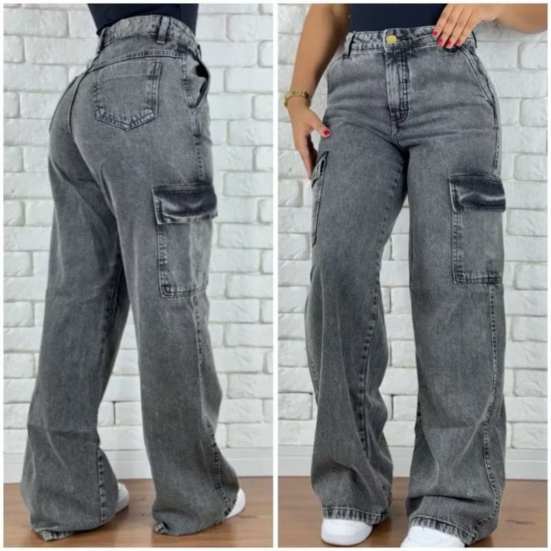 Calça jeans feminina wide leg cargo cintura alta larga premium tendência grafit levanta bum bum