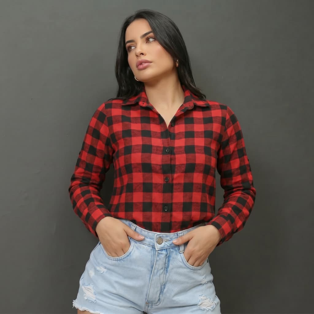 Blusa Camisa Feminina Xadrez Solta Manga Comprida Camisa Social