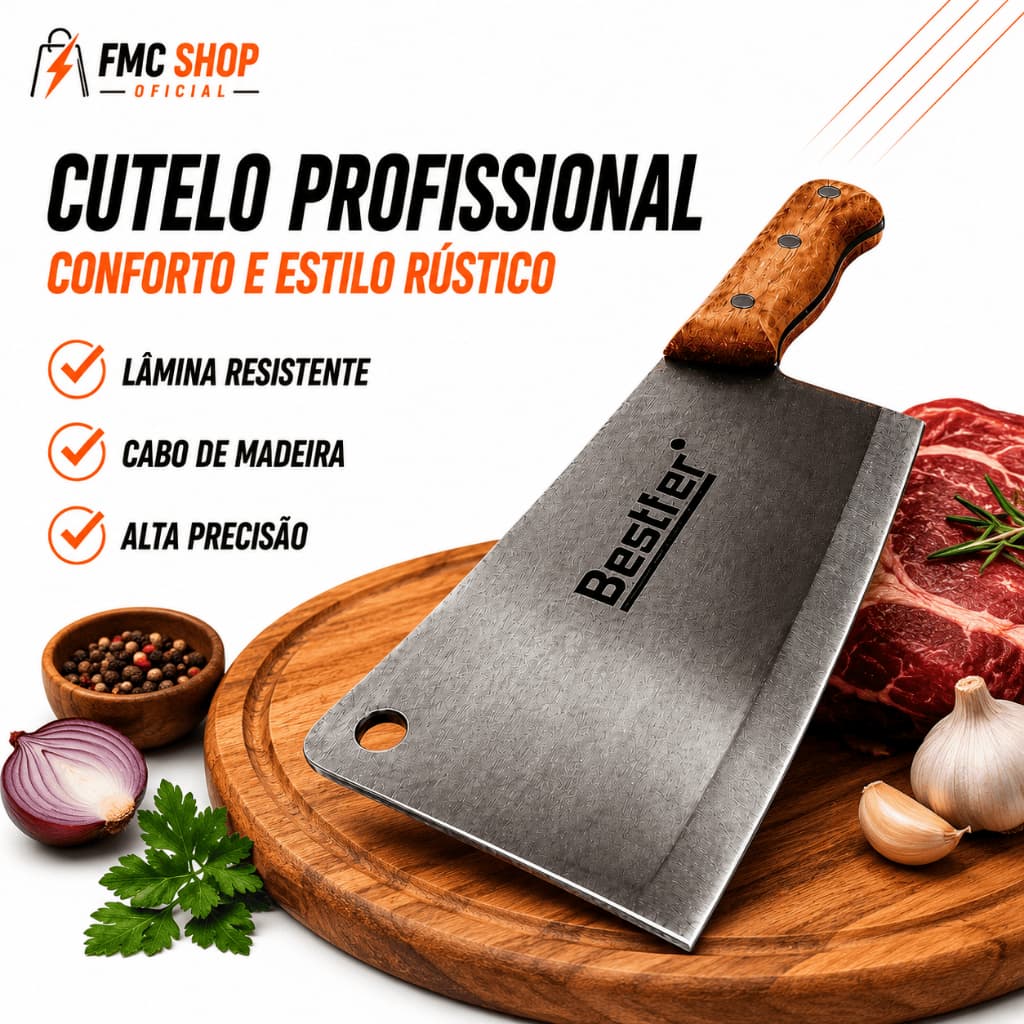 Cutelo Profissional 7" Aço Manganes Tipo Artesanal 30cm com Cabo Madeira Full Tang Bestfer