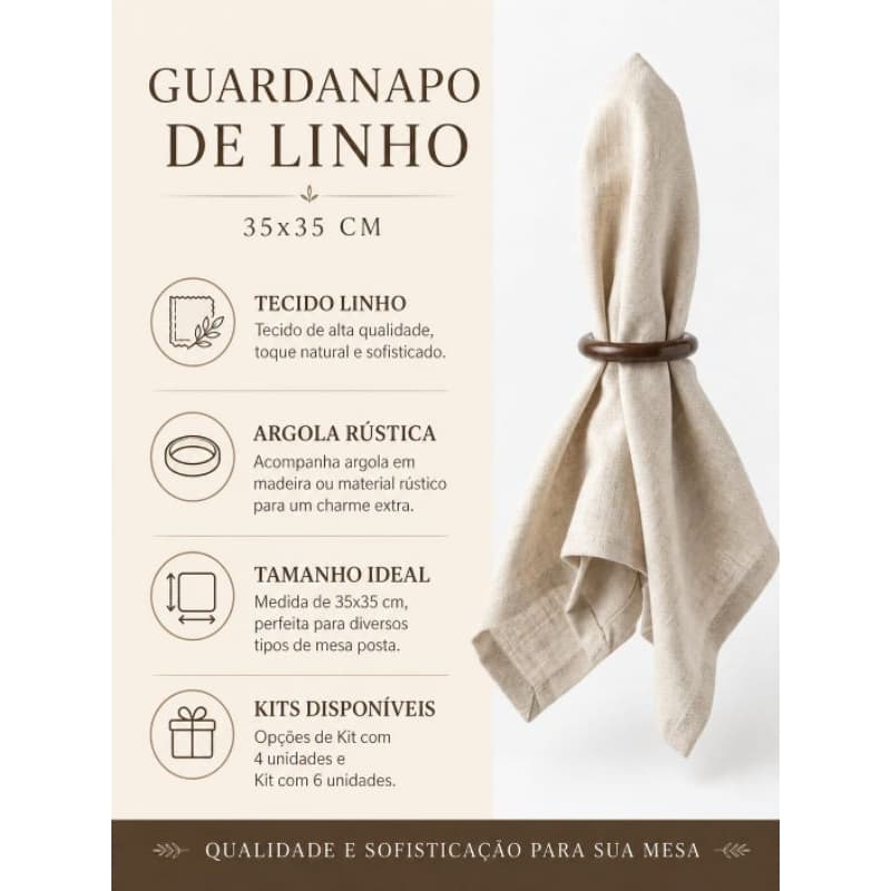 Guardanapo de Linho com Argola Rustica – Kit 4 ou 6 Lugares | Mesa Posta Elegante