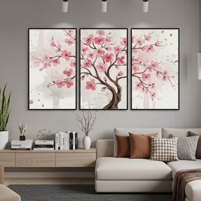 Quadros Decorativos Trio Mosaico Rosa Arvore Da Vida Sakura Delicado Para Quarto Sala Hall