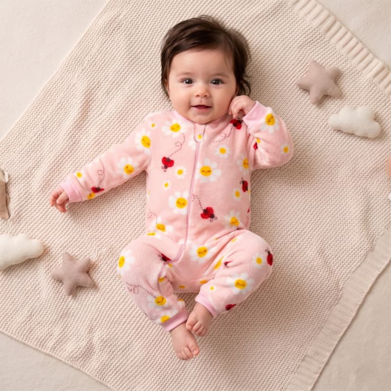 Macacão Bebê Menina Soft Fleece Margaridas Estampado Zíper na Frente Roupa de Frio Quente Para Inverno