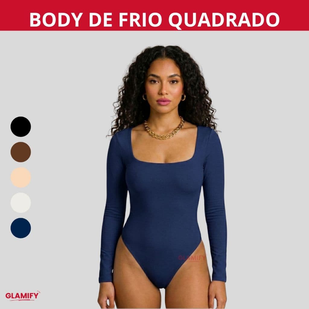 Body Feminino Manga Longa Decote Quadrado Básico Elegante Forro Duplo Moda Casual Suplex