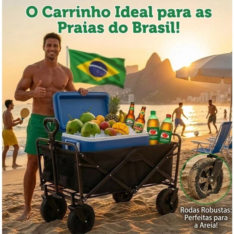 Carrinho Dobrável para Camping e Praia - Estrutura de Aço Resistente e Alça Telescópica Ajustável