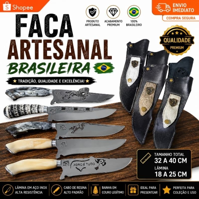 Faca Artesanal 8,5” Doma Crioula Inox Cabo Resina Pata Cavalo/Boi + Bainha