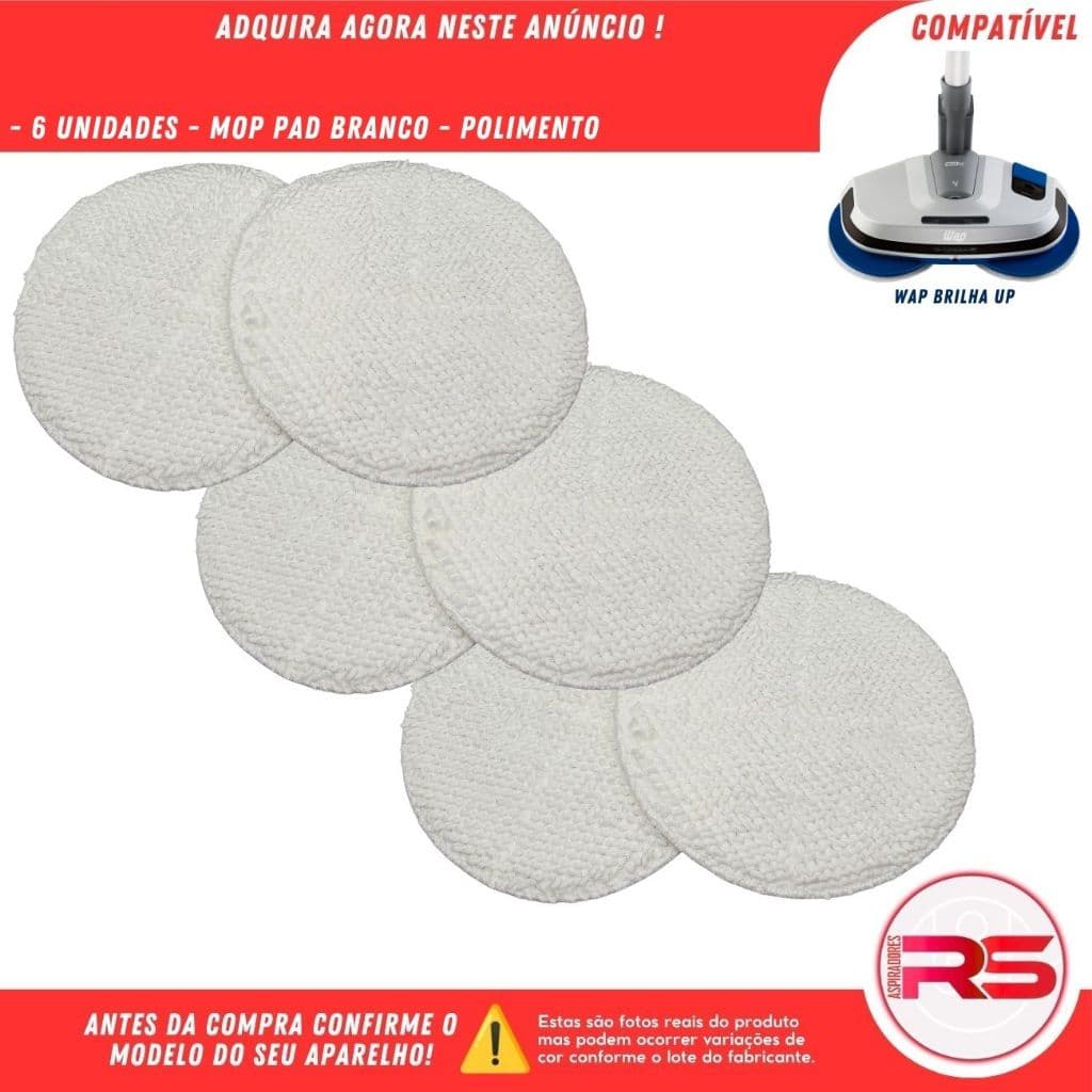 Kit 6 Discos Mop Pad Branco Para Polidora De Piso Wap Brilha Up