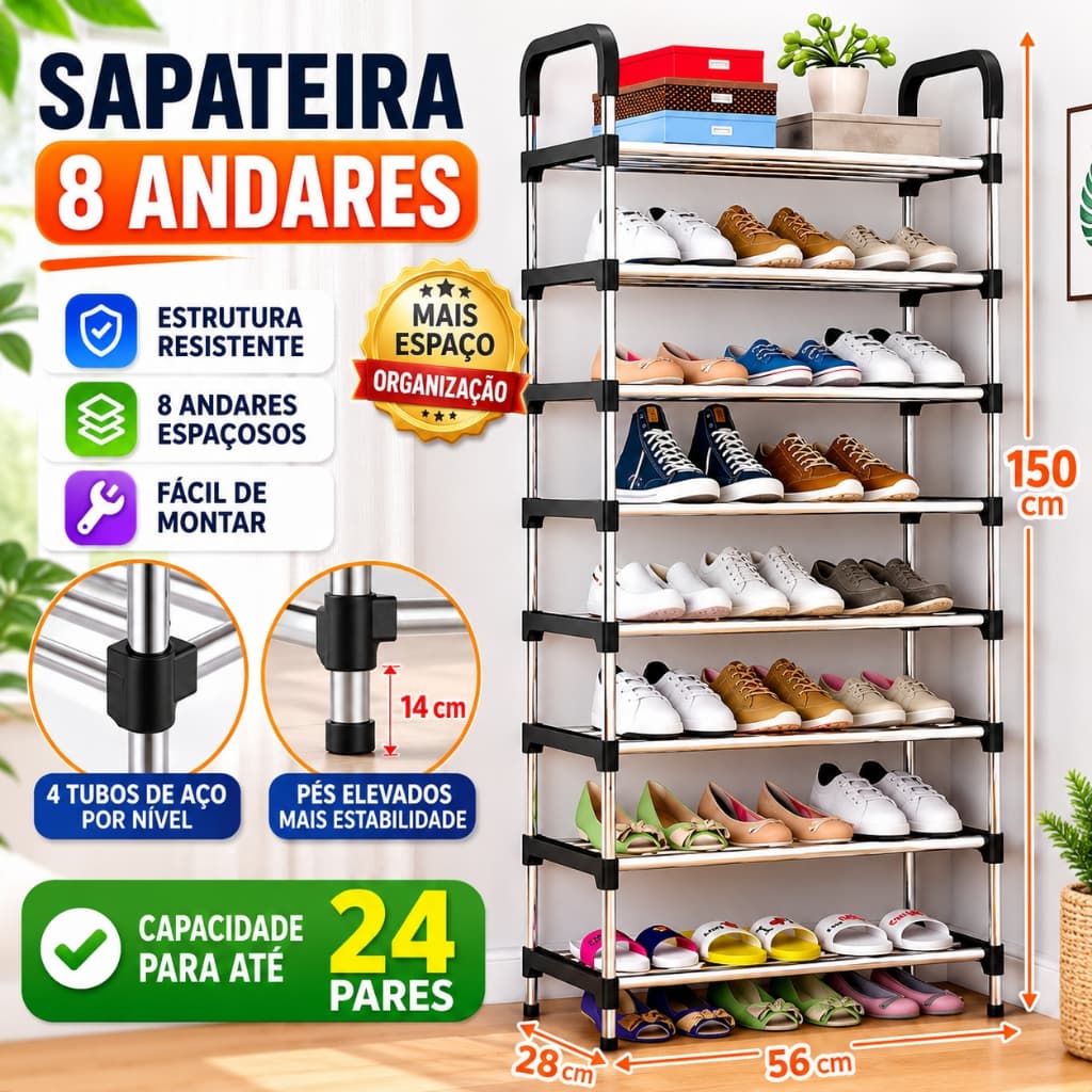 5/6/7/8 Andares Sapateira Organizador Vertical Prateleira  Multiuso Aço Cromado Desmontável