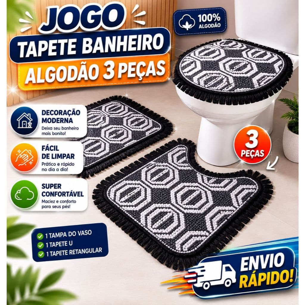 Jogo Tapete Banheiro Algodão Tear Decor 3 Peças Antiderrapante