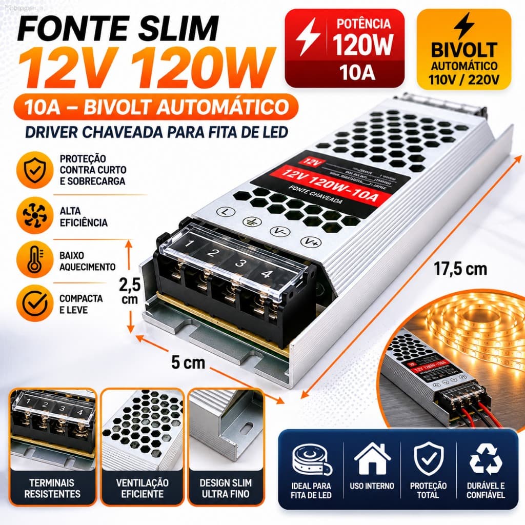 Fonte Driver Slim Mini 12v 120w 10a Bivolt Autom Chaveada para fita de led