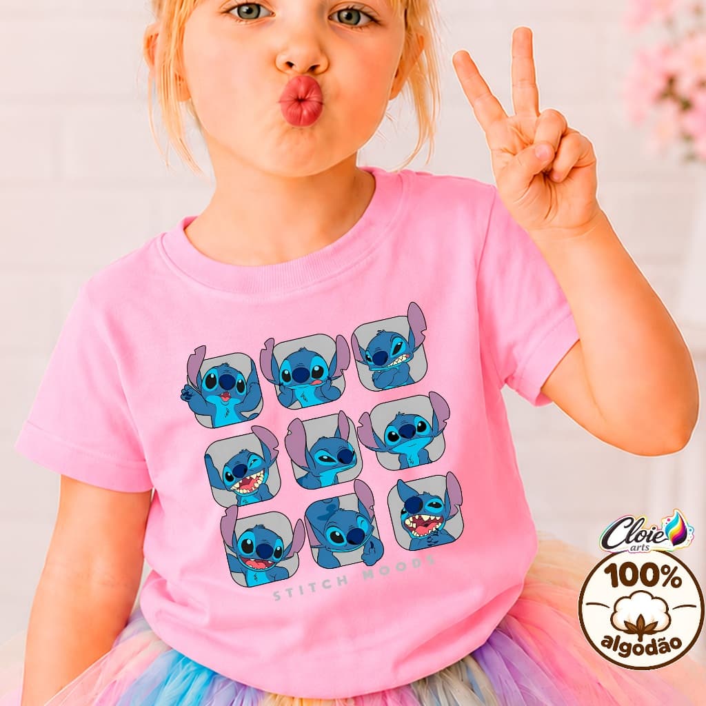 Camiseta  Infantil 100% Algodão Stitch Minimalista  Estampa Cores Divertido Alta Qualidade Tecido Leve Dia a Dia Unissex