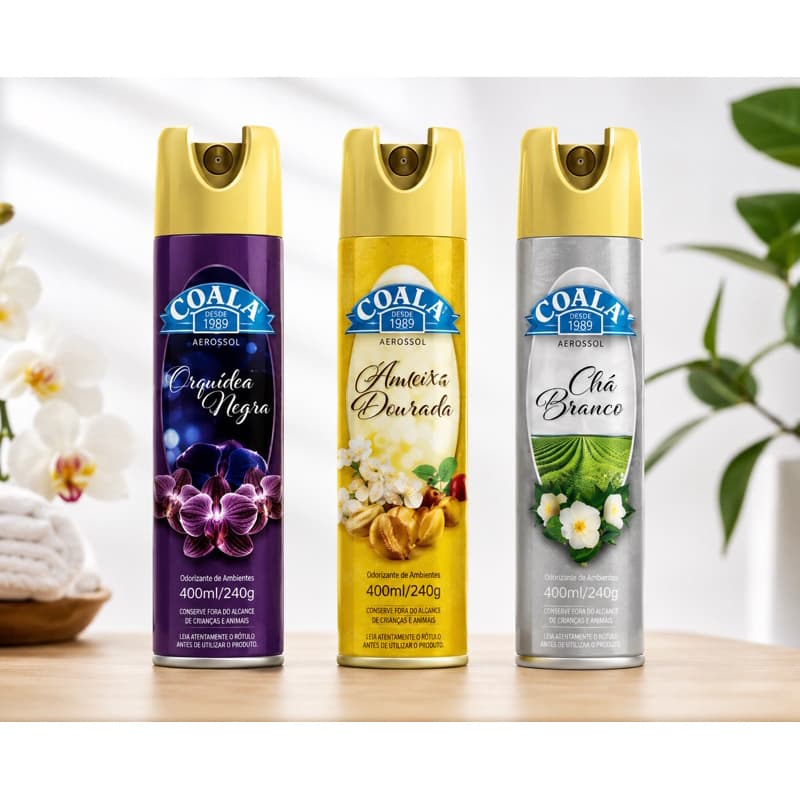 Kit 3 Aromatizantes de Ambientes Coala 400ml – Orquídea Negra, Ameixa Dourada e Chá Branco