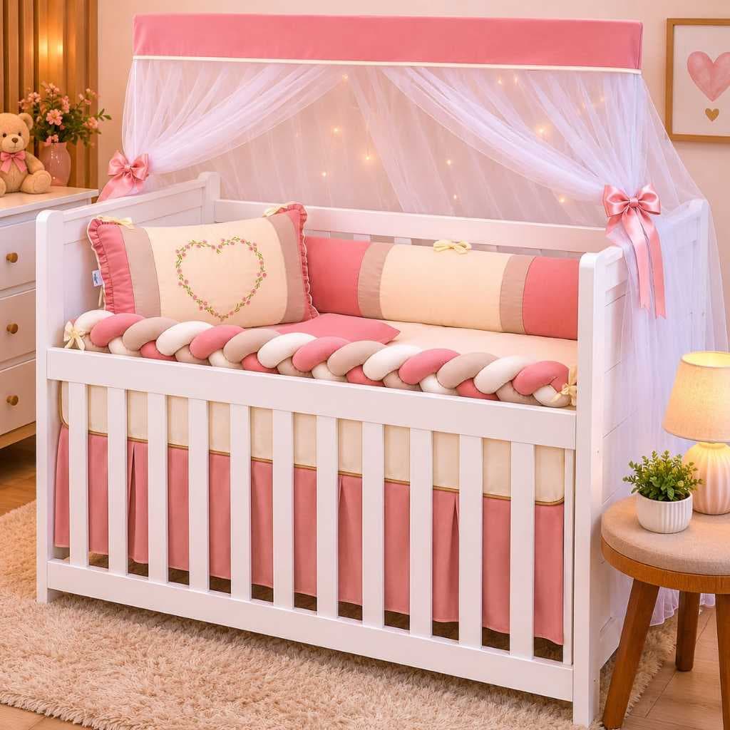 Kit Berço Americano Bordado Luxo Menina Trançado 6 Peças