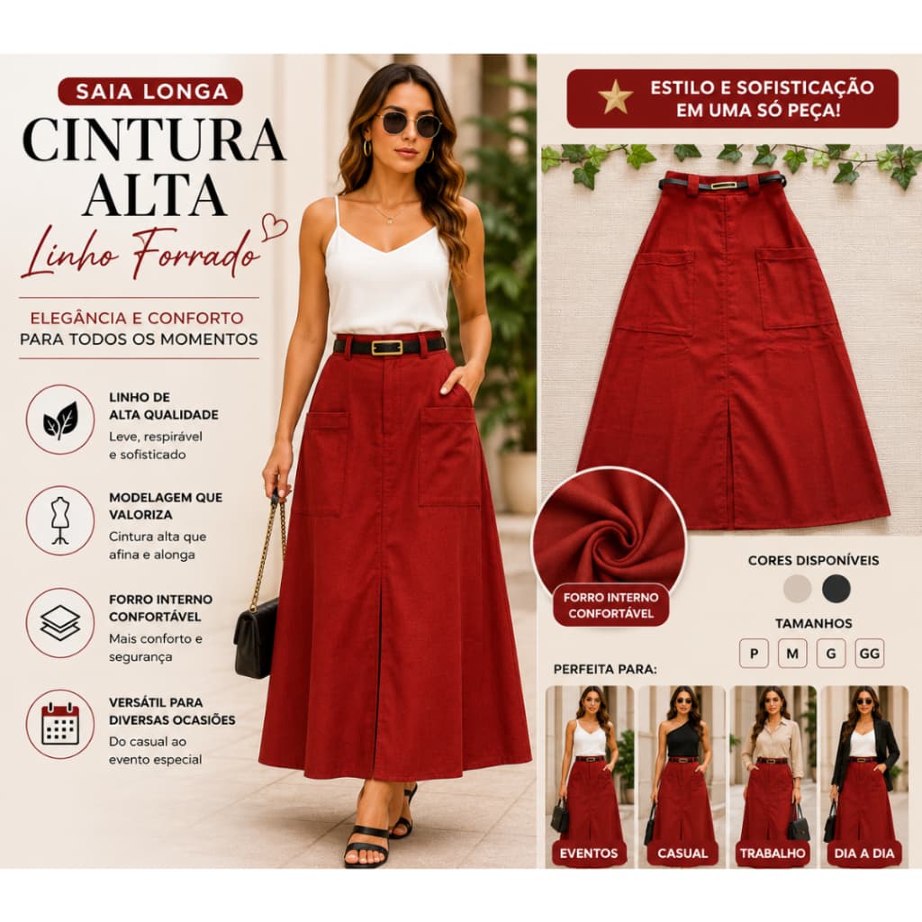 Saia Longa Vermelho Linho Feminina Cintura Alta Modelagem Fluida Forrada Estilo Elegante
