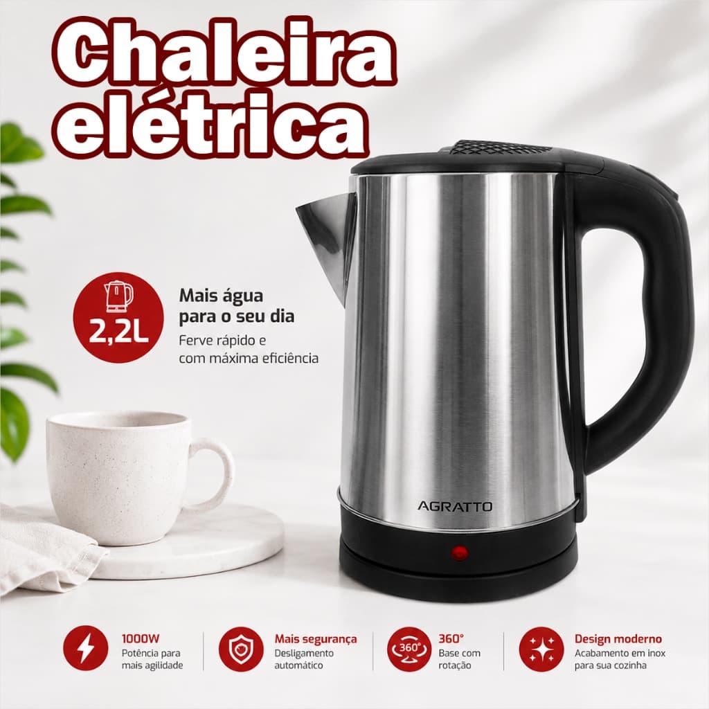Chaleira Elétrica 2,2l Inox Jarra Elétrica Designer Moderna Xaleira Ferve Água Rápido Agratto 220V