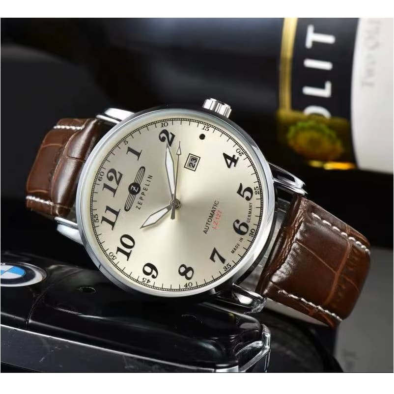 Relógio Pulseira de Couro Premium de Três Ponteiros Zeppelin Estilo Retrô LZ127