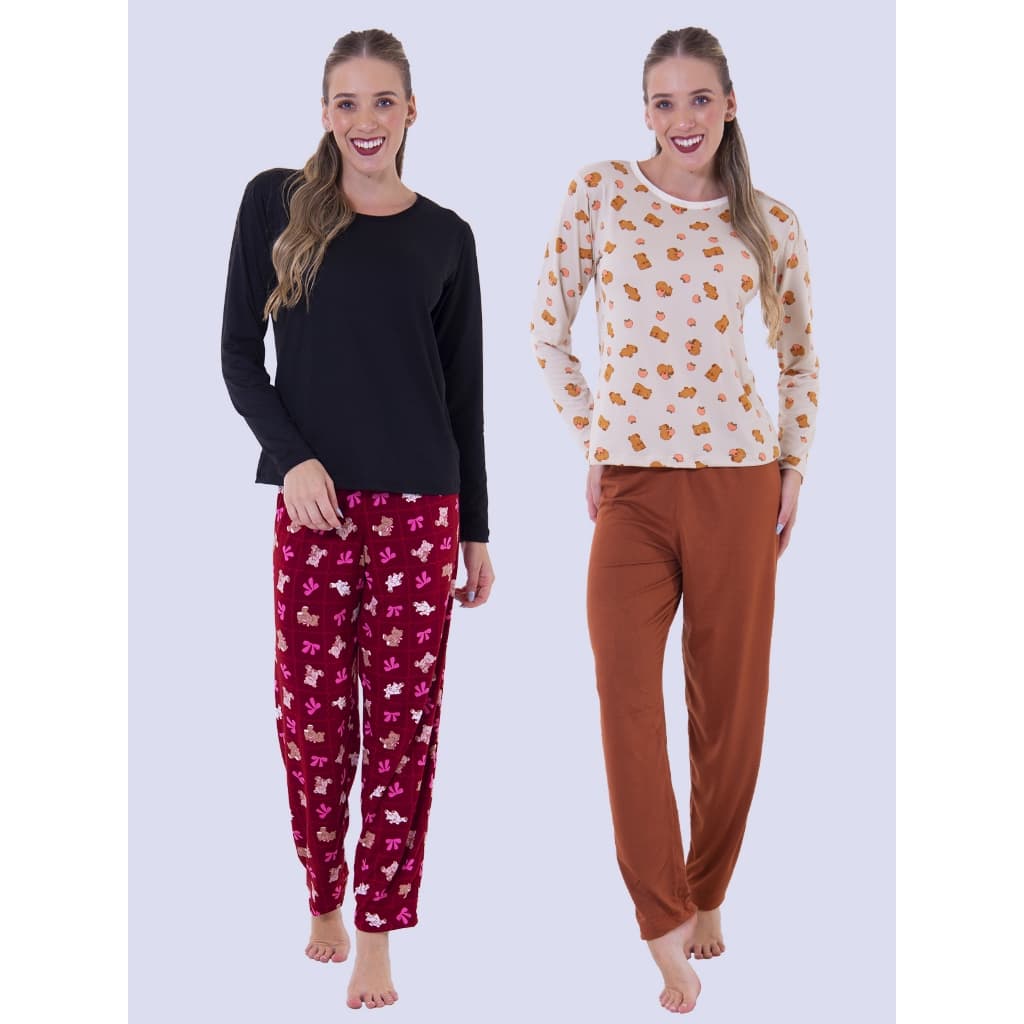 KIT 2 Pijamas Feminino Sonho Manga Longa Felpado Inverno
