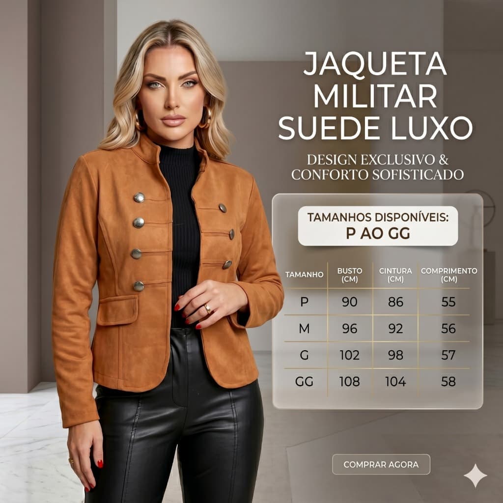 Jaqueta Militar Blazer De Suede Feminino Com Botões Moda Outono/Inverno