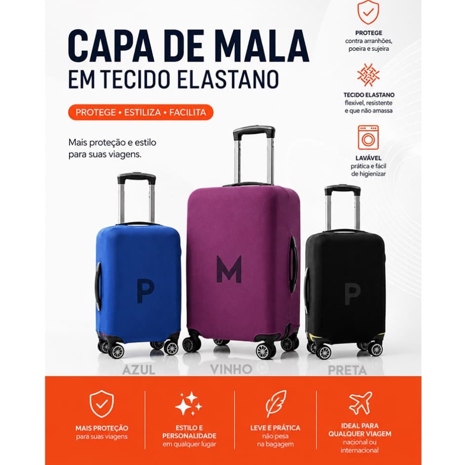 CAPA PROTETORA para Mala de Viagem Pequena ou Média | Elástica, Antipoeira e Antirriscos | 4 Cores