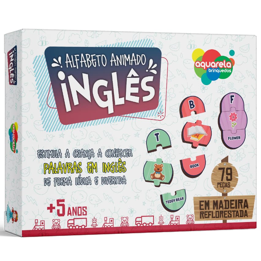 Alfabeto Animado Em Inglês Brinquedo Educativo Madeira MDF 79 Peças Pedagógico Aquarela Brinquedos