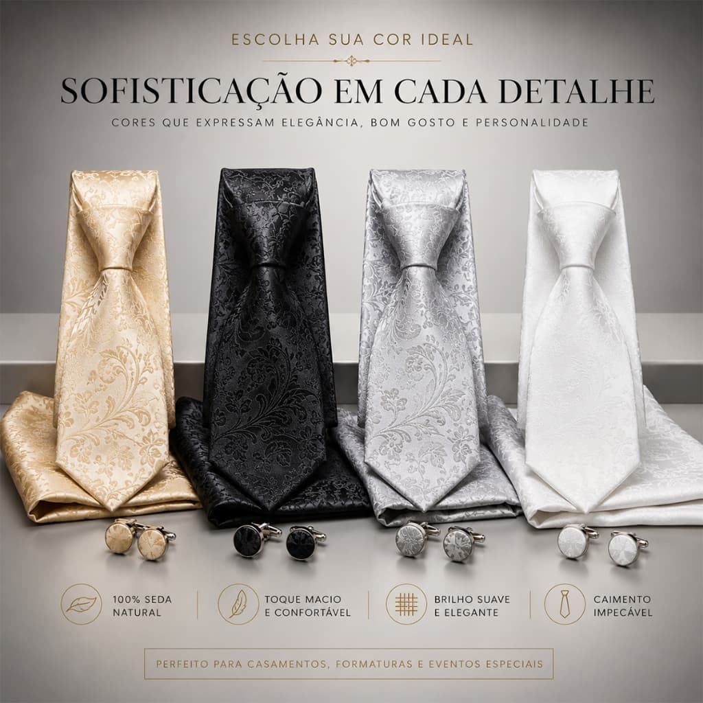 Gravata Jacquard Paisley Clássicas Elegantes Importada com lenço e abotoaduras