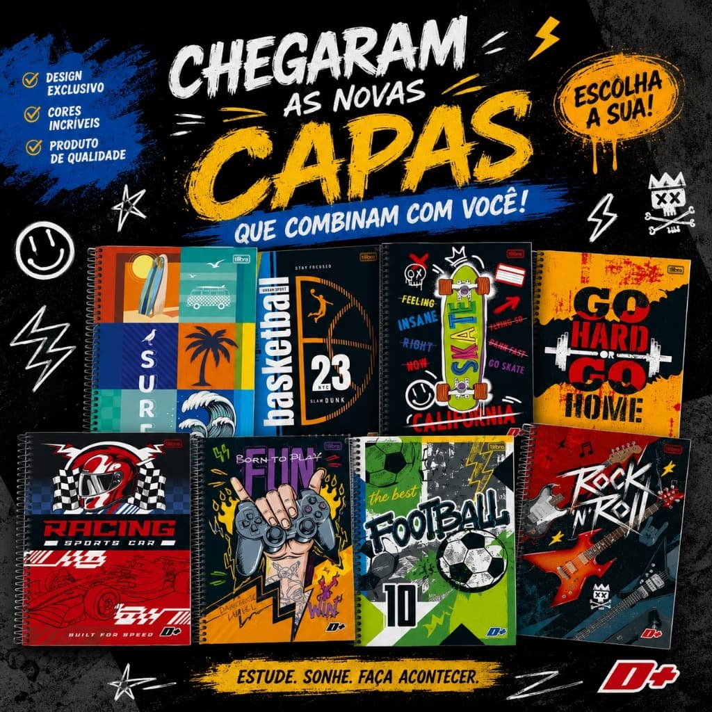 Kit 4 Cadernos Espiral Capa Dura Universitário Masculino 1 Matéria D+ Tilibra 96 Folhas