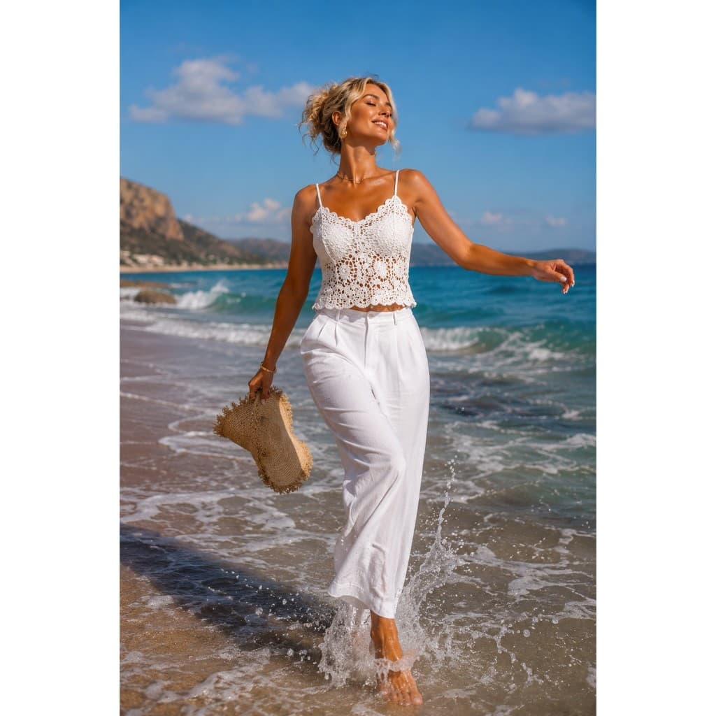 Conjunto Feminino Cropped Crochê e Calça Pantalona Wide Leg Moda Verão Elegante
