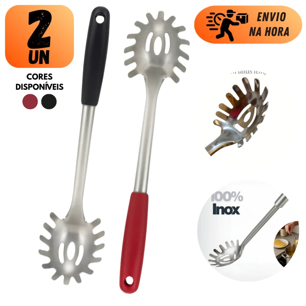 KIT PEGADORES DE MACARRÃO MASSAS AÇO INOX 29CM CABO PLÁSTICO UTENSÍLIO DE COZINHA RESTAURANTE E BUFFET