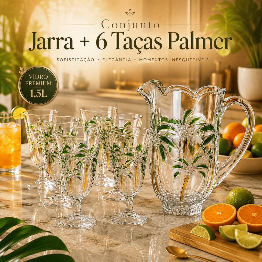Conjunto Jarra 1,5L com 6 Taças Palmeira - Mesa Posta Palm