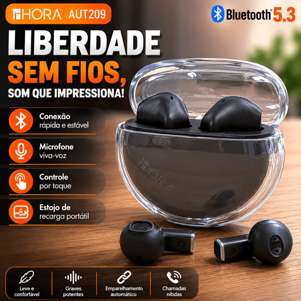 Fone de Ouvido Sem Fio Portátil Bluetooth 5.3 1HORA AUT209 TWS Mini Fones Android Ios Smartphones