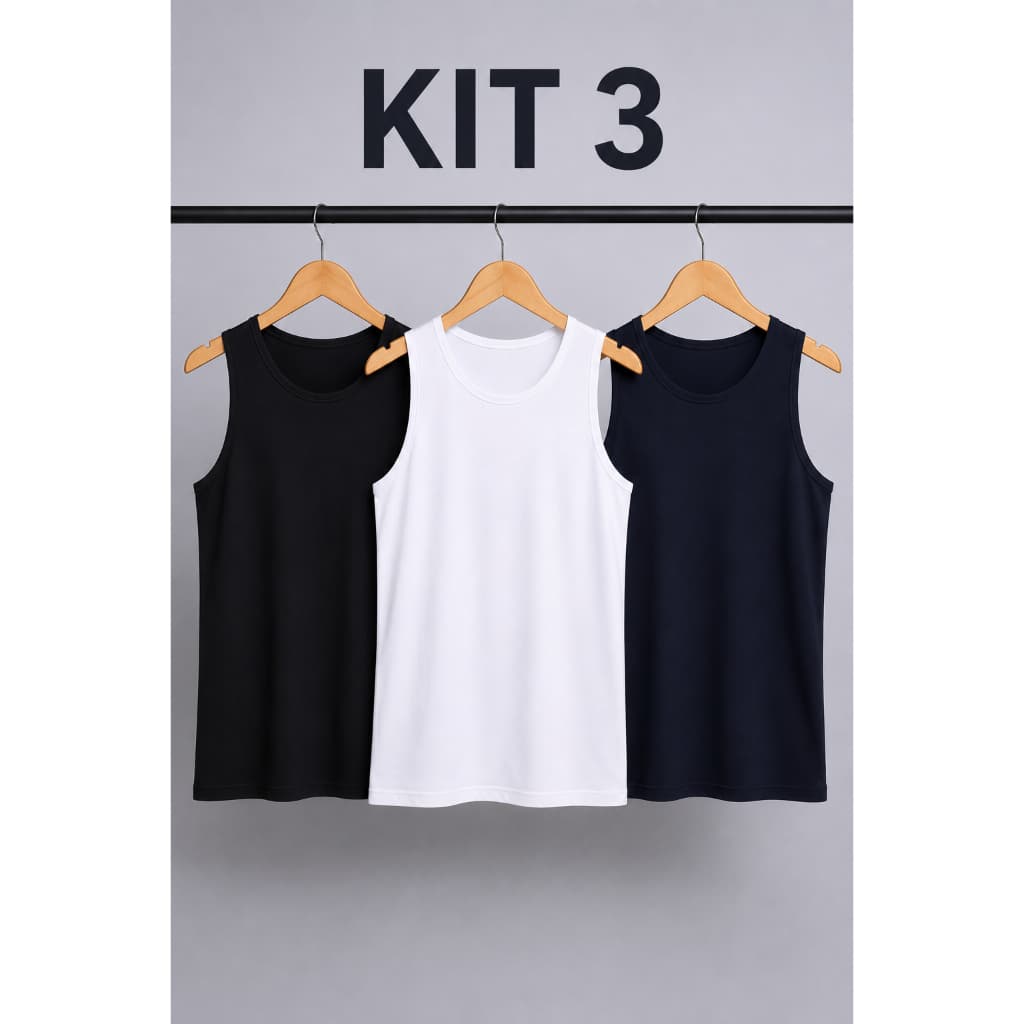 KIT 3 REGATA MASCULINA BASICA ALGODAO PREMIUM TREINO ACADEMIA