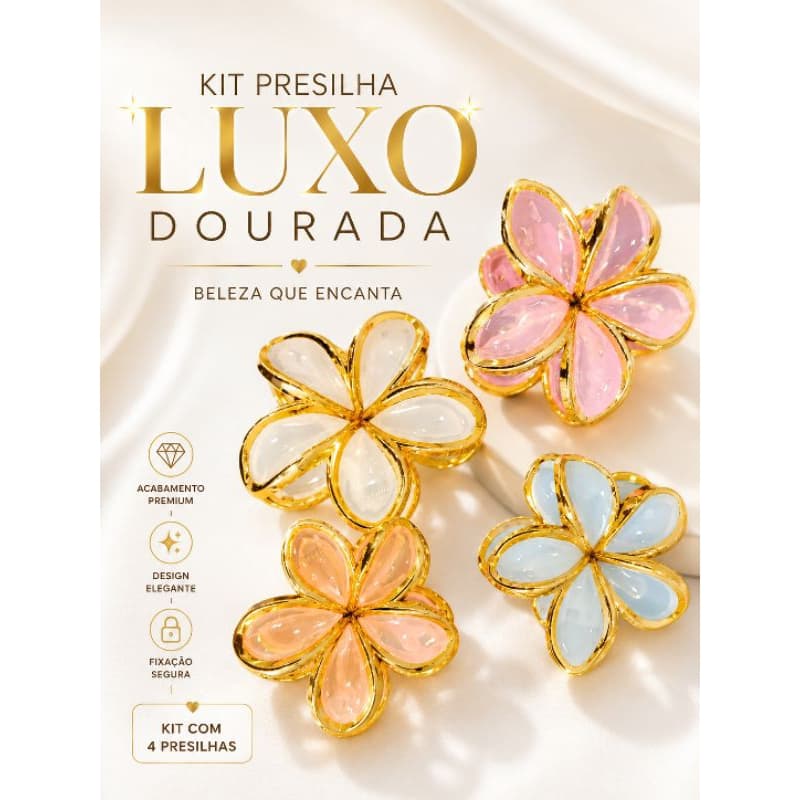 Kit 3 Presilhas Flor Feminina Luxo Dourada Hair Clip Elegante Moda
