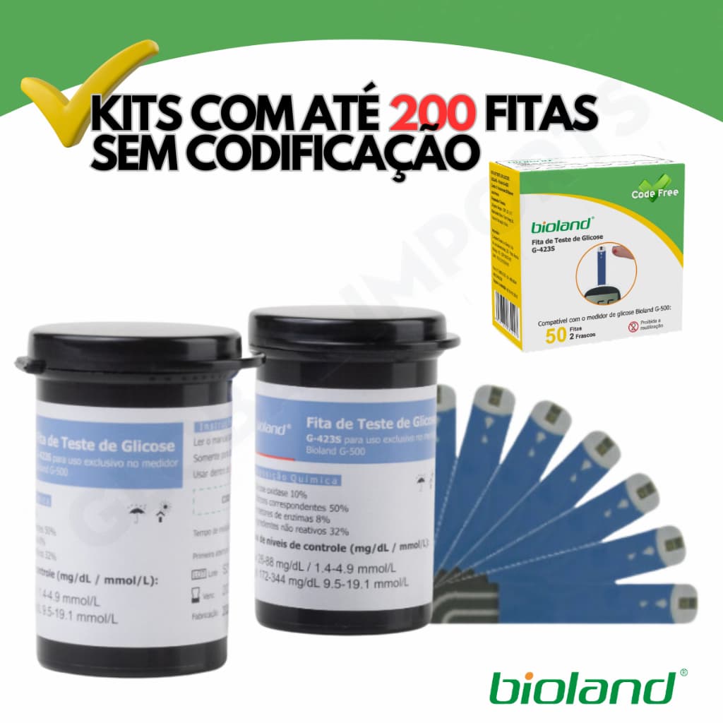 Fita De Glicemia Medição De Glicose Reagentes Teste Bioland Kit 50 a 200 Tiras