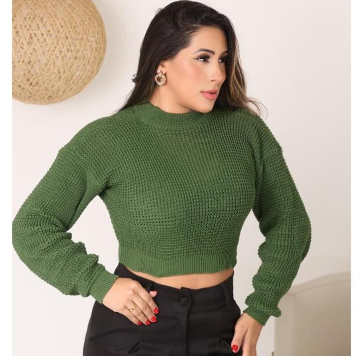 Cropped Tricô Feminino Manga longa Bufante Inverno Tendência  Suéter Tricô Modal