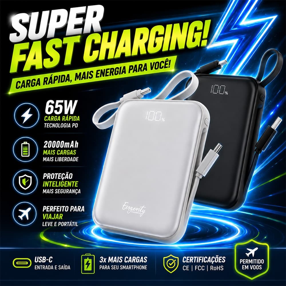 Carregador portátil 20000mah 65W vem com 2tipos de cabos de carregamento Tela LED portátil oles