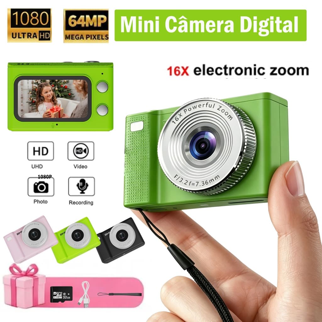HD Mini Câmera Digital 1080P Com Zoom 16x e Tela 1.45 Compacto 48MP ,LED Luz de Mini Filmadora Gravador De Vídeo