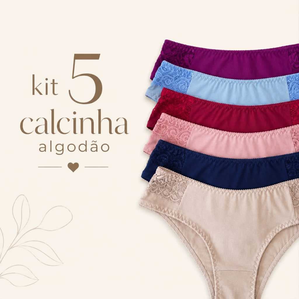 Kit com 5 Calcinha Algodão Confortável Calcinha Coton Com Detalhe Renda Calcinha Cintura Alta Adulto