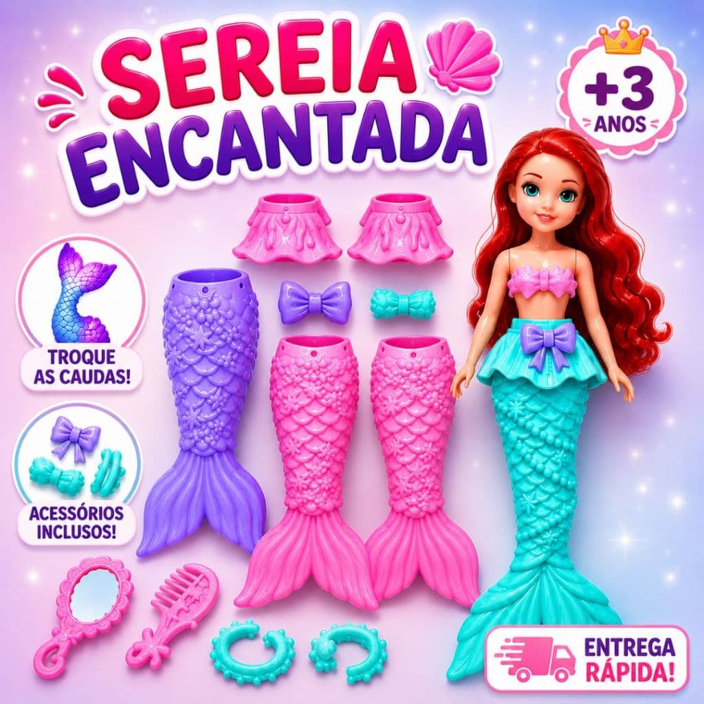 Boneca Sereia Infantil Com Caudas Trocáveis Kit Acessórios Brinquedo Menina