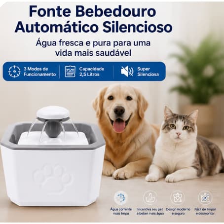 Fonte Bebedouro Automático para Pets 2,5L Silencioso USB 3 Modos BPA Free Cães e Gatos