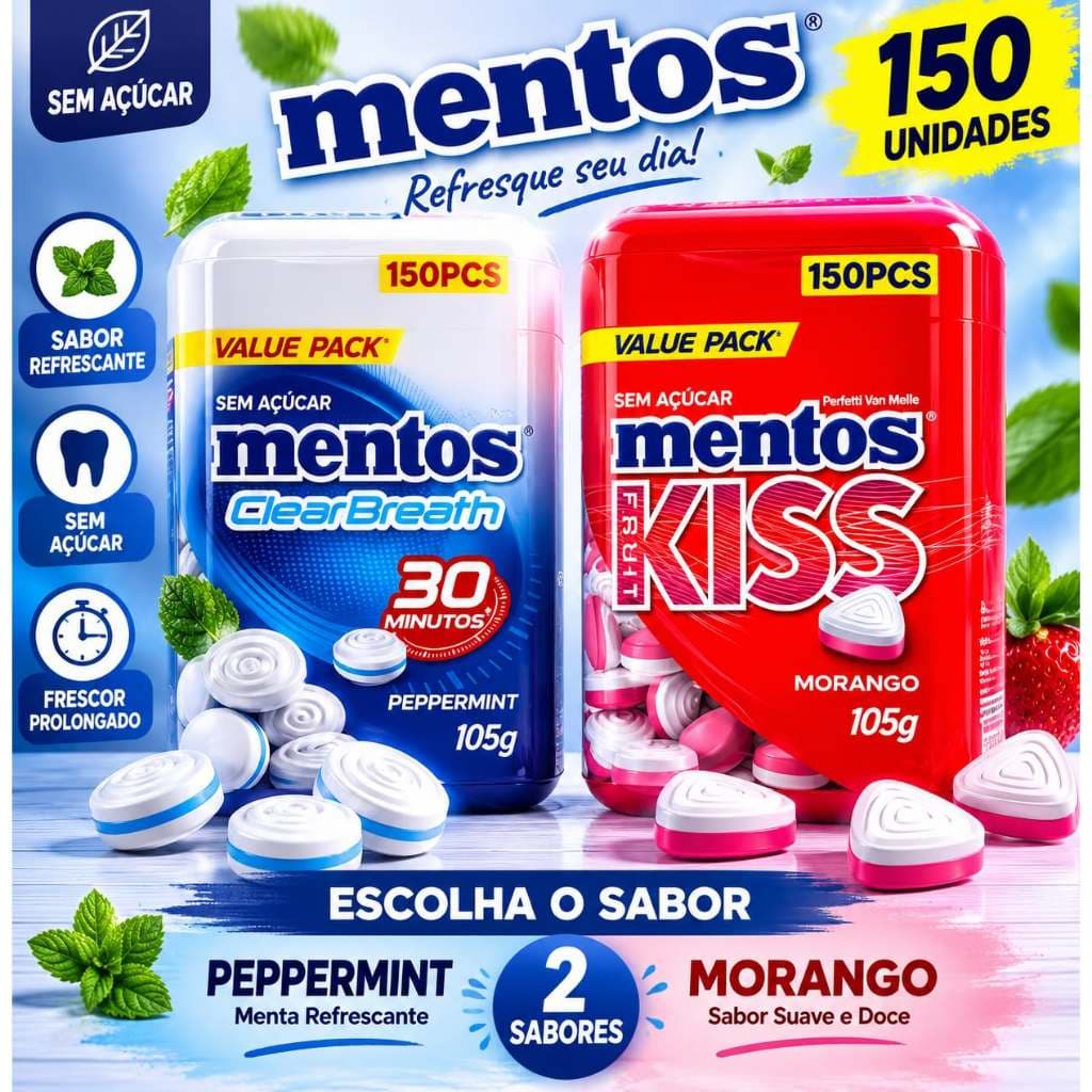 Pastilhas Mentos Sem Açucar Peppermint ou Morango Pote 105g 150 Unidades - Escolha o Sabor