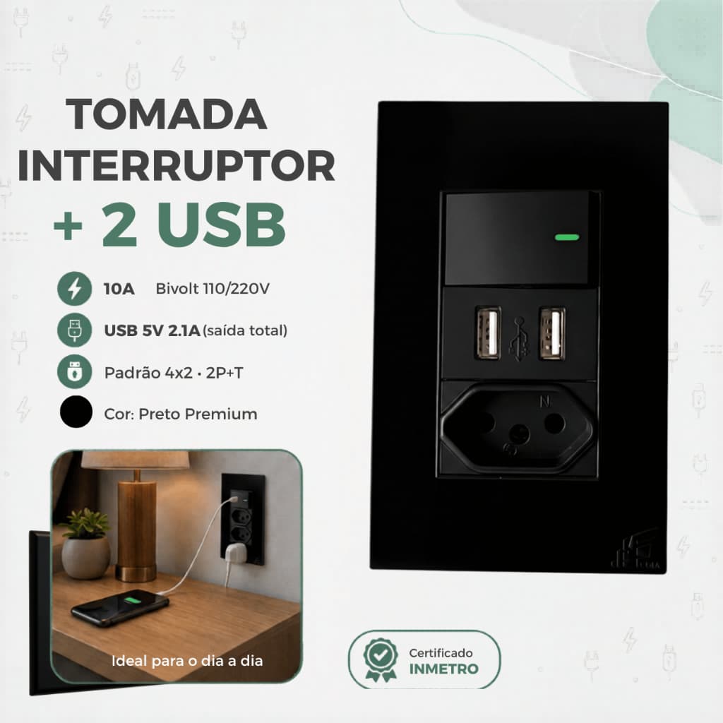Tomada Preta USB Dupla 2.1A Interruptor simples 1 Tecla 10A Bivolt NBR Padrão Brasileiro Parede