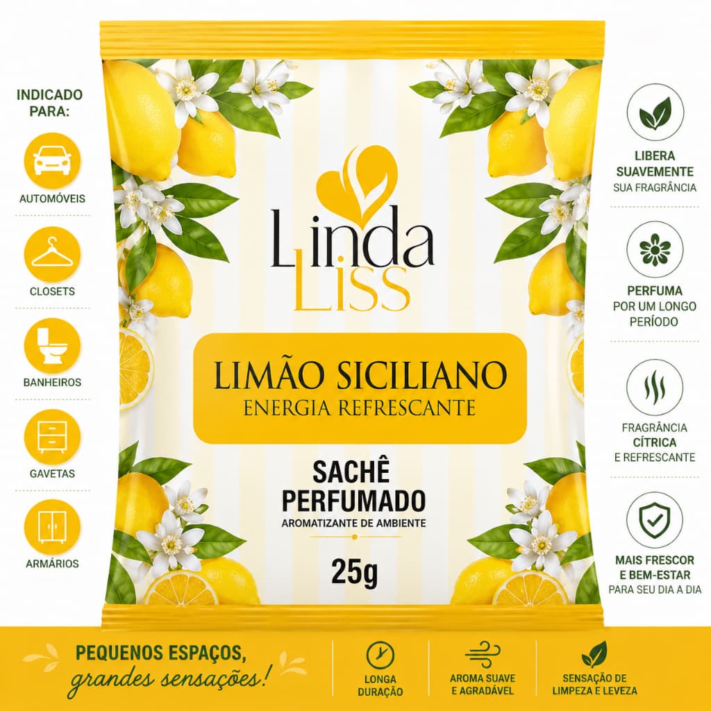 Sachê Perfumado Linda Liss Limão Siciliano 25g Aromatizante de Ambiente Fragrância  Refrescante