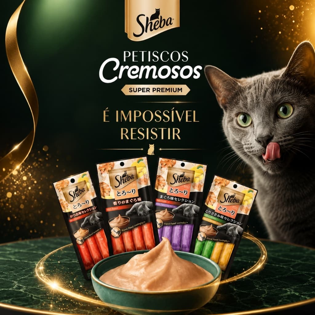 SHEBA Petiscos Cremosos Gato Adulto Petisco para Gato Churu Sachê Frango Peixe Branco Atum Camarão.