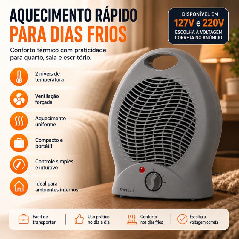 Aquecedor Portátil Termoventilador 220V/127V Alta Potência 2000W/1000W Aquecimento Rápido Cinza