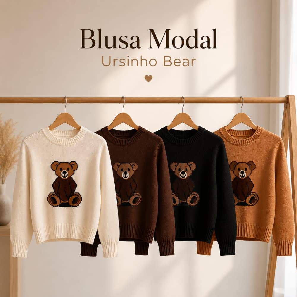 Blusa Suéter Tricot Bear Ursinho Polo Detalhe Fio Modal Lançamento 2026 Outono Inverno Novidade