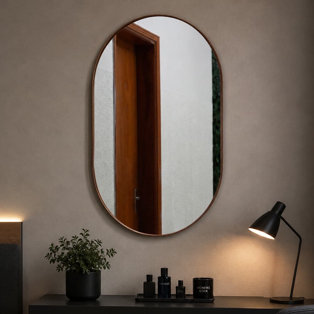 Espelho Oval Adnet Moldura de Couro Para Banheiro Quarto Sala Decoração Maquiagem