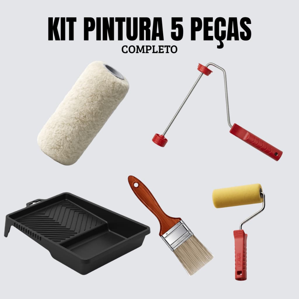 KIT PINTURA 5 PEÇAS ATLAS - ROLO DE LA, ROLO DE ESPUMA, PINCEL, GARFO E BANDEJA